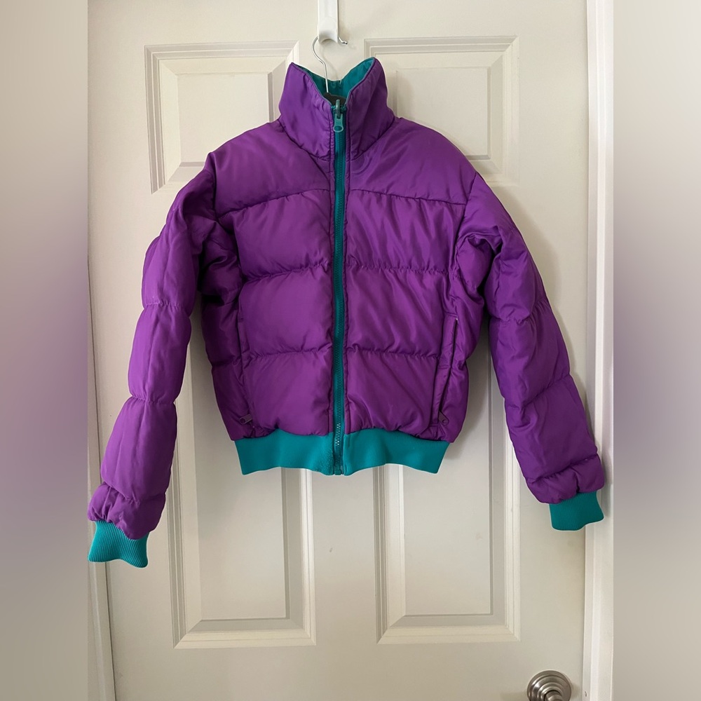 Vintage 1990s Columbia Reversible Puffer Jacket Youth Size L Turquoise Purple